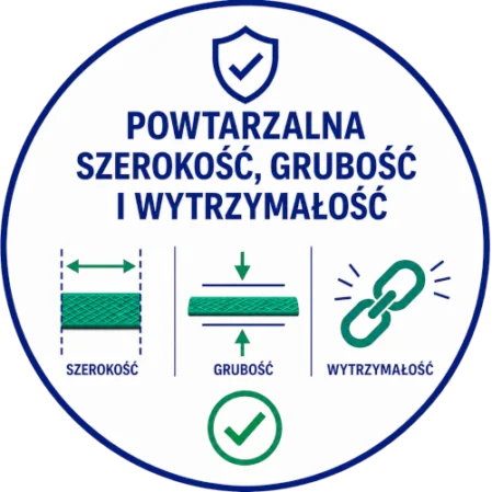 Ikona przedstawiająca taśmę PP o powtarzalnej szerokości, grubości i wytrzymałości