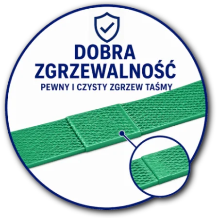 Ikona przedstawiająca prawidłowy zgrzew taśmy PP z zachodzącymi na siebie końcami taśmy