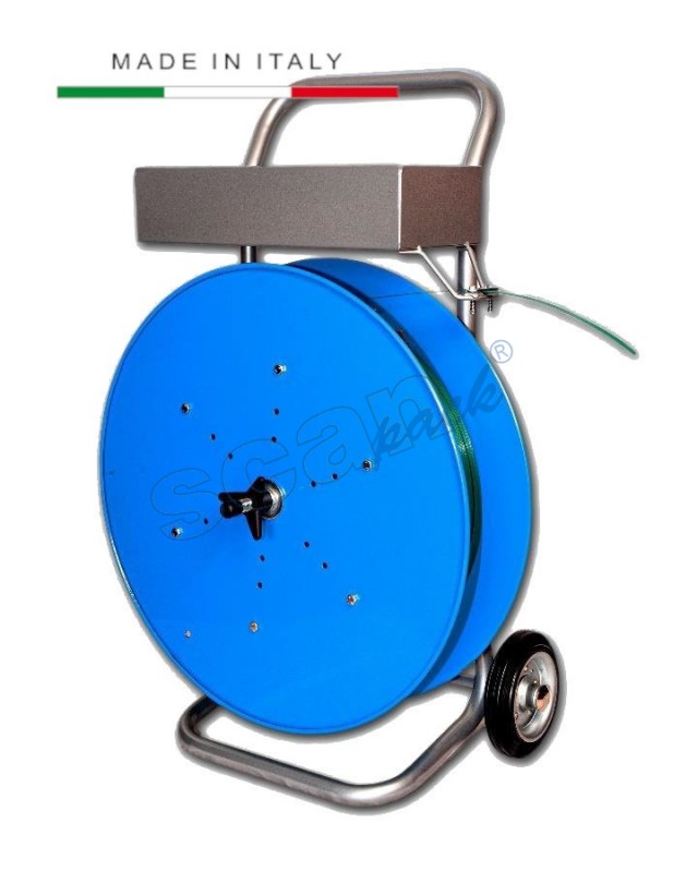 Odwijacz do tworzywowych taśm spinających o średnicach
wewnętrznych 200 / 280 / 406mm, oraz o
średnicy zewnętrznej do 650mm. Kółka 180mm