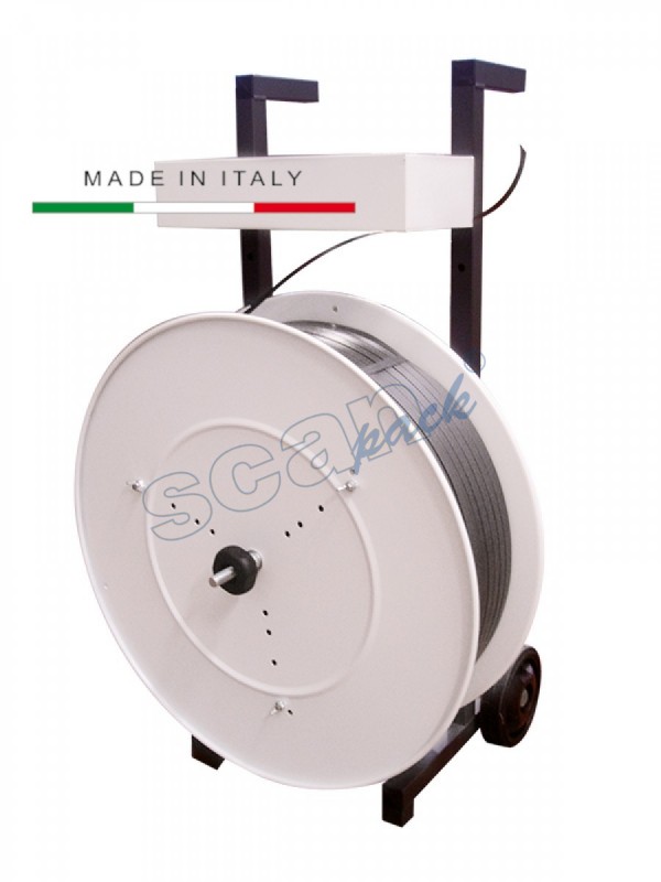 Odwijacz do tworzywowych taśm spinających o średnicach
wewnętrznych 140 - 200 -280 - 395 - 406mm, oraz o
średnicy zewnętrznej do 600mm. Kółka 150mm.